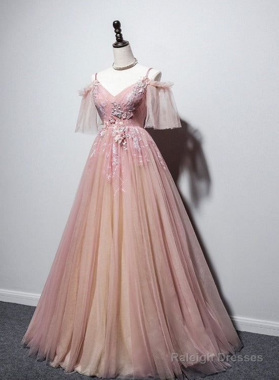 Pink Tulle V-Neckline Off Shouler Chic Long Party Dress, Pink Formal Dress Main image