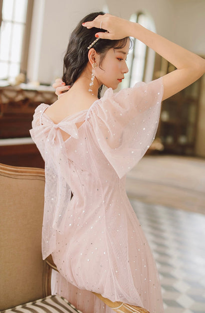 Pink Tulle V-Neckline Tea Length Homecoming Dresses Cute Pink Short Prom Dresses