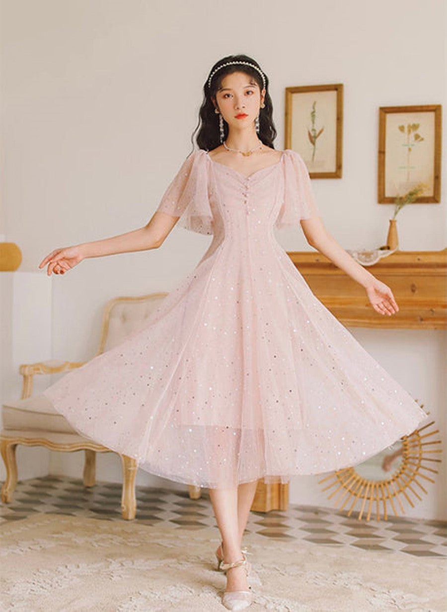 Pink Tulle V-Neckline Tea Length Homecoming Dresses Cute Pink Short Prom Dresses Main image