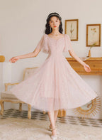 Pink Tulle V-Neckline Tea Length Homecoming Dresses Cute Pink Short Prom Dresses