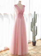 Pink Tulle V Neckline with Lace Long Prom Dress, Pink Tulle Prom Dress
