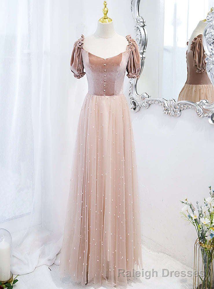 Pink Tulle Velvet Square Short Sleeve Prom Dress Main image