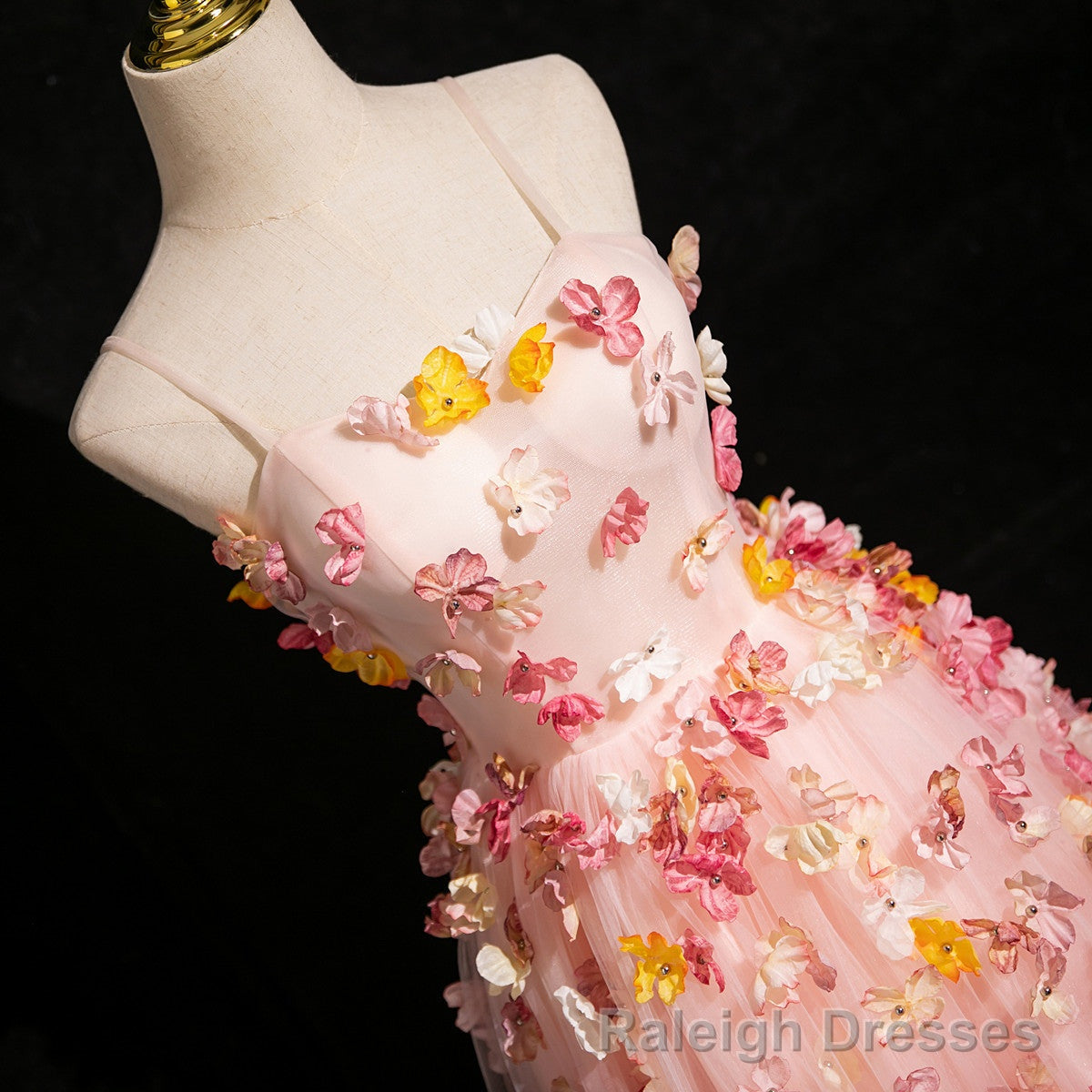 Pink Tulle with Flowers Sweetheart Straps Long Evening Dress, Pink Tulle Prom Dress Secondary image