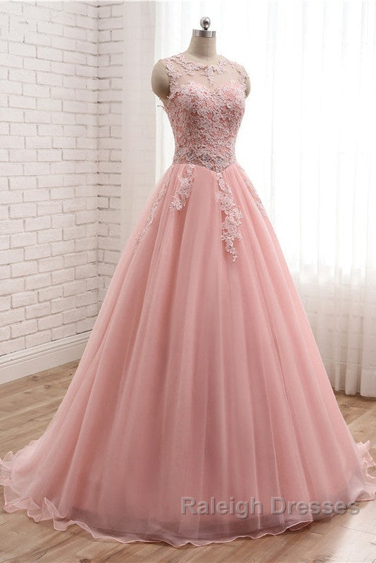 Pink Tulle With Lace Applique Ball Gown Open Back Evening Gown, Pink Formal Dress Secondary image