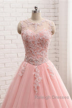 Pink Tulle With Lace Applique Ball Gown Open Back Prom Gown Pink Prom Dresses