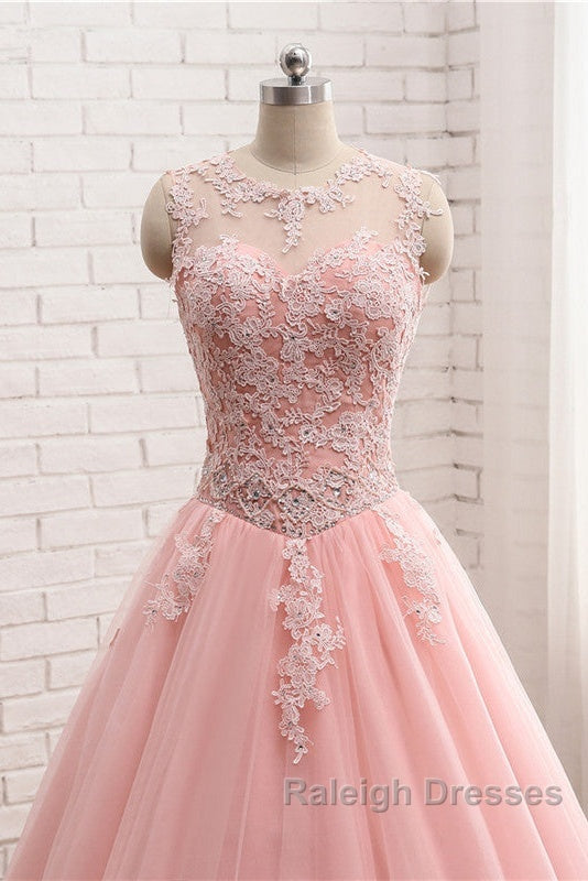 Pink Tulle With Lace Applique Ball Gown Open Back Prom Gown Pink Prom Dresses
