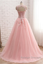Pink Tulle With Lace Applique Ball Gown Open Back Evening Gown, Pink Formal Dress