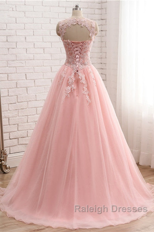 Pink Tulle With Lace Applique Ball Gown Open Back Evening Gown, Pink Formal Dress
