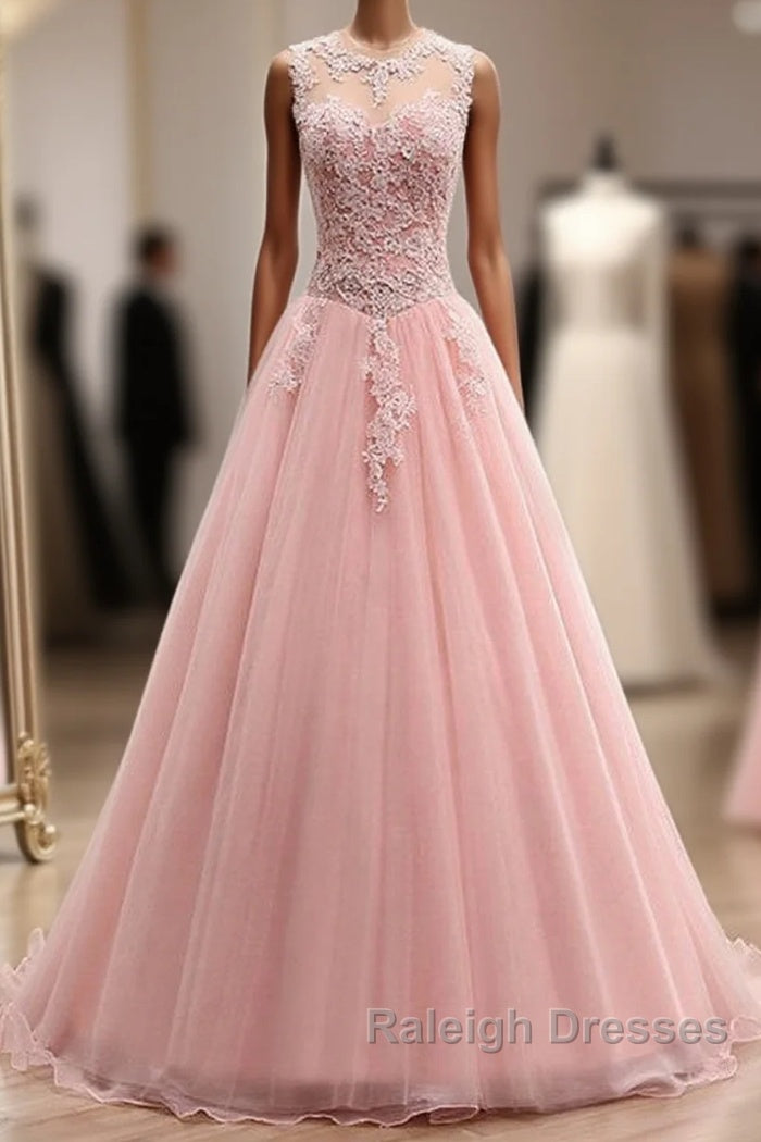 Pink Tulle With Lace Applique Ball Gown Open Back Evening Gown, Pink Formal Dress Main image
