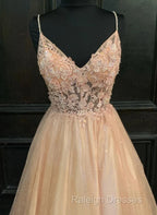 Pink Tulle With Lace Applique Beaded V-Neckline Prom Dresses Pink Long Prom Dresses