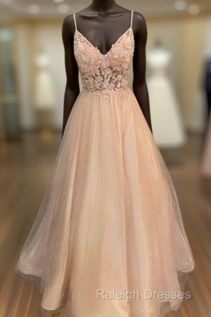 Pink Tulle With Lace Applique Beaded V-Neckline Prom Dress, Pink Long Party Dress Main image