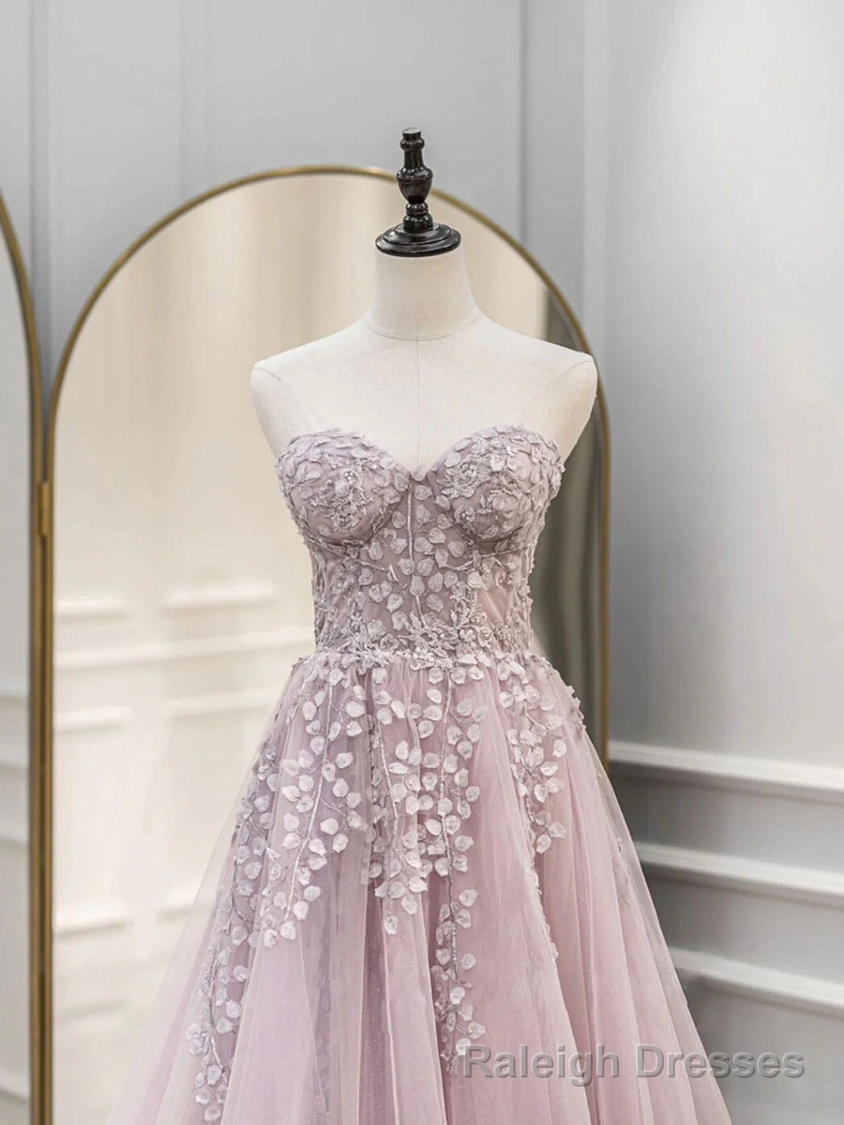 Pink Tulle with Lace Applique Long Prom Dress, Pink Sweetheart Prom Dress Secondary image