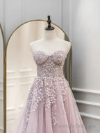 Pink Tulle with Lace Applique Long Prom Dress, Pink Sweetheart Prom Dress