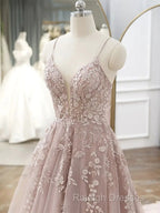 Pink Tulle With Lace Applique Low Back Prom Dress, Pink A-Line Tulle Party Dress