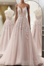 Pink Tulle With Lace Applique Low Back Prom Dresses Pink A-Line Tulle Prom Dresses