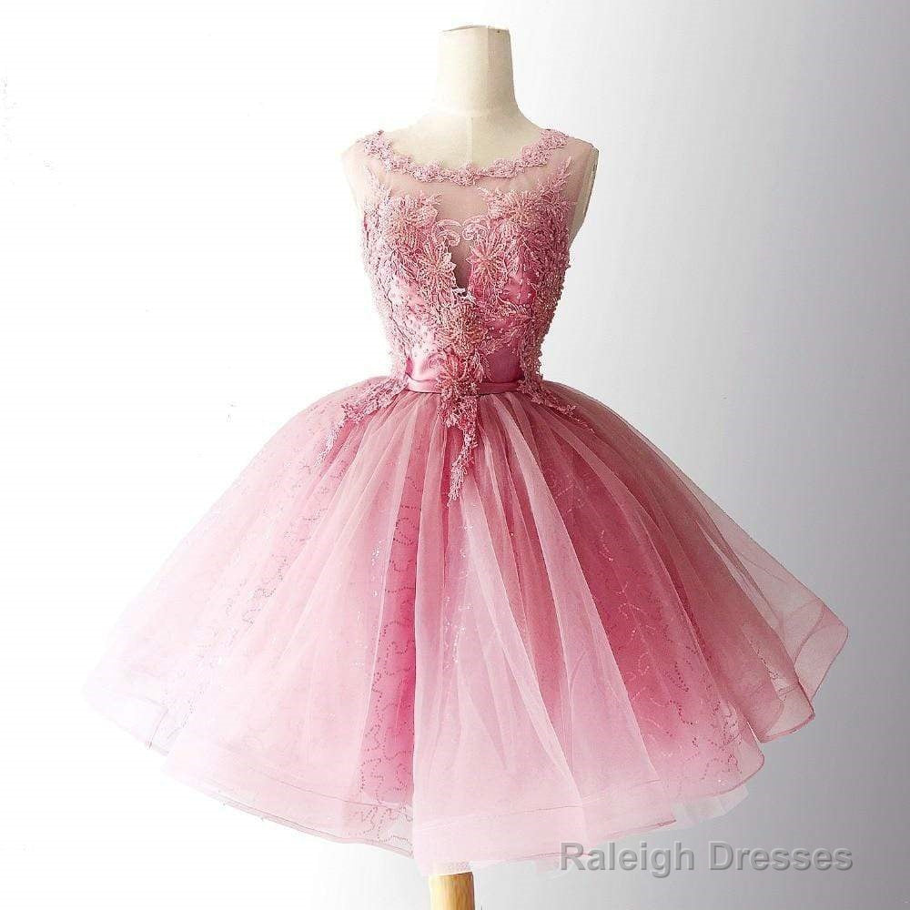 Pink Tulle With Lace Round Neckline Knee Length Party Dress, Pink Homecoming Dresses Secondary image