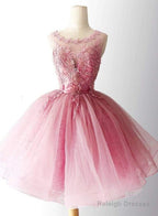 Pink Tulle With Lace Round Neckline Knee Length Party Dress, Pink Homecoming Dresses