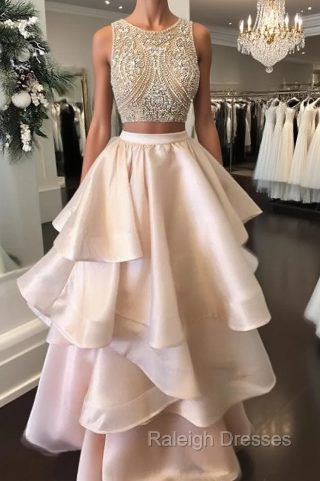 Pink Two Pieces Beaded Long Prom Dress, Pink Evening Dress Main image