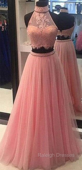 Pink Two Pieces Lace Tulle Long Prom Dress, Pink Prom Dress