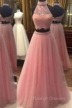 Pink Two Pieces Lace Tulle Long Prom Dress, Pink Evening Dress