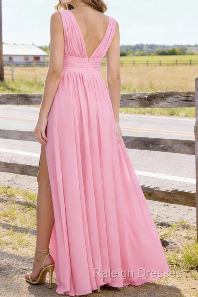 Pink V Neck Chiffon Floor Length Bridesmaid Dress Long Bridesmaid Dresses With Pleated Split Secondary image