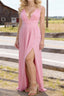Pink V Neck Chiffon Floor Length Bridesmaid Dress Long Bridesmaid Dresses With Pleated Split