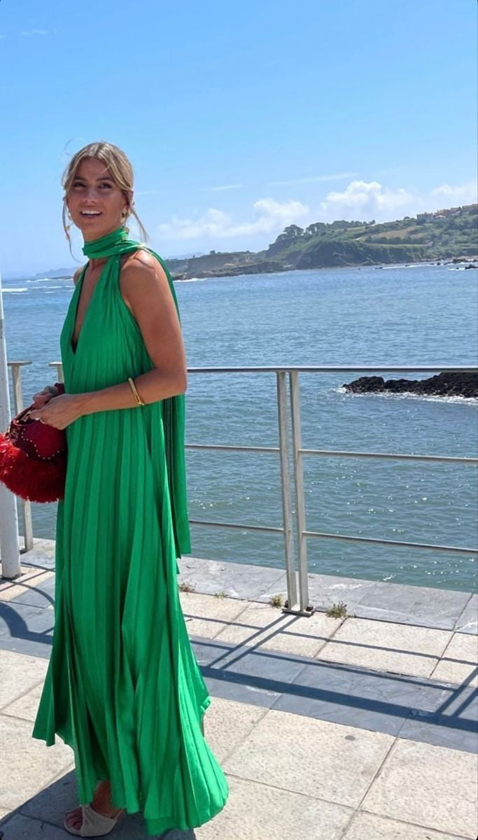 Pink/Green Fashion V-Neck Elegant Long Satin Evening Dress Party Dress Wedding Guest Dress Maternity Dress