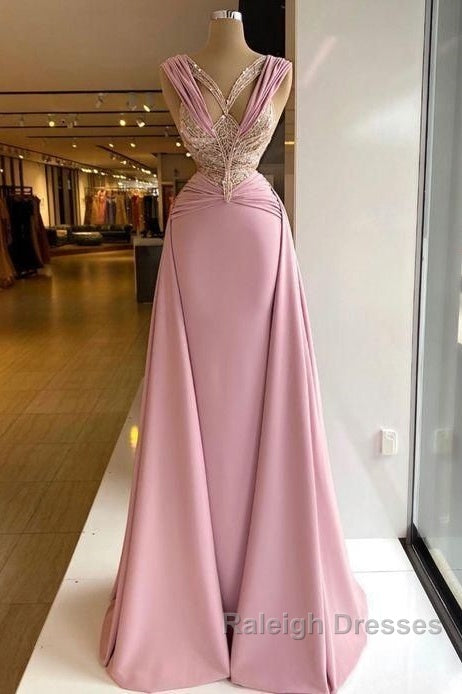 Pink V-Neck Fitted Satin Lace Long Prom Dress