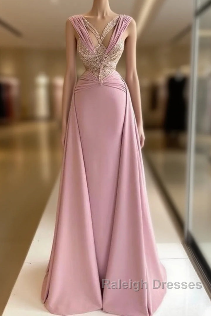 Pink V-Neck Fitted Satin Lace Long Prom Dress Main image