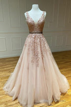 Pink V Neck Lace Long A-Line Prom Dresseses