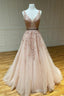 Pink V Neck Lace Long A-Line Prom Dresseses