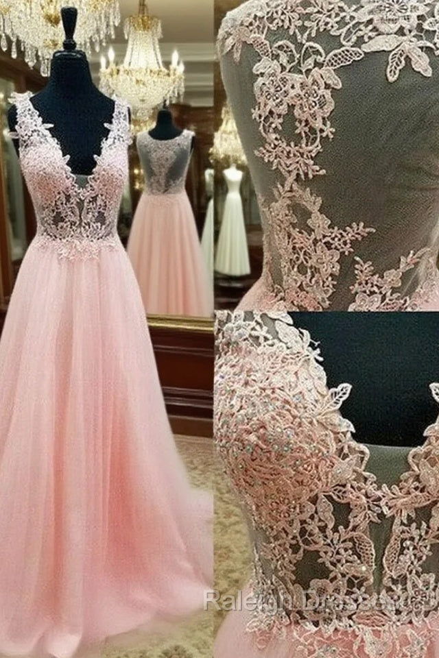 Pink V Neck Lace Long Prom Dress, Pink Evening Dress