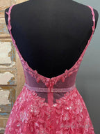 Pink V Neck Lace Long Prom Dress Pink V Neck Long Lace Prom Graduation Dress