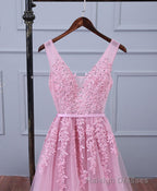 Pink V Neck Lace Tulle Long Prom Dress, Lace Prom Dresses
