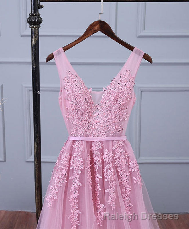 Pink V Neck Lace Tulle Long Prom Dress, Lace Evening Dresses