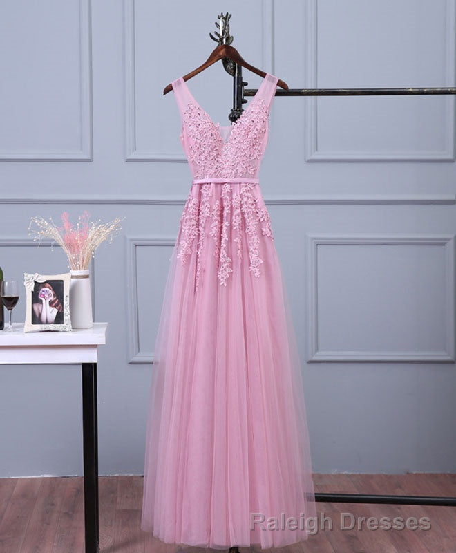 Pink V Neck Lace Tulle Long Prom Dress, Lace Prom Dresses Main image