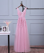 Pink V Neck Lace Tulle Long Prom Dress, Lace Prom Dresses