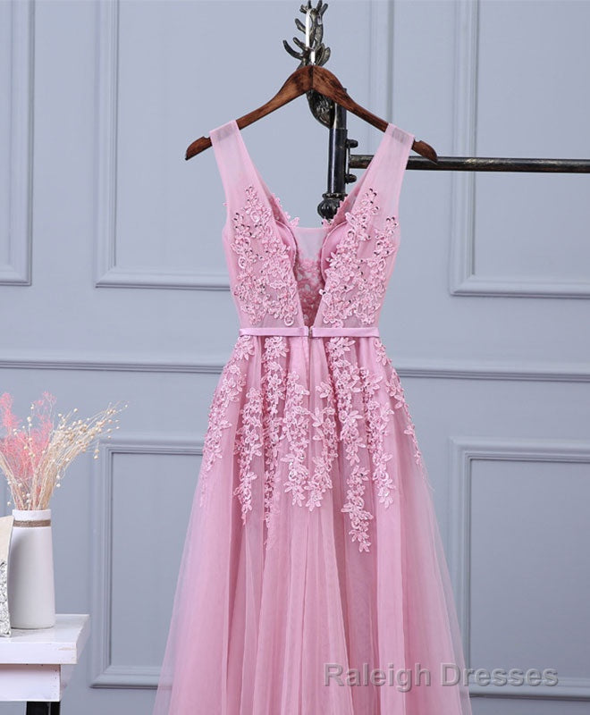 Pink V Neck Lace Tulle Long Prom Dress, Lace Prom Dresses