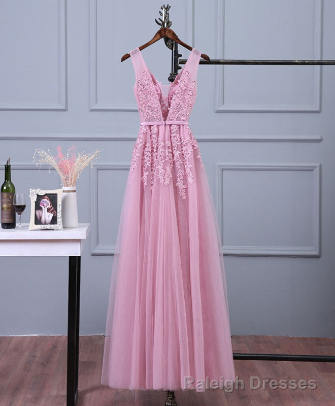 Pink V Neck Lace Tulle Long Prom Dress, Lace Evening Dresses