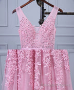Pink V Neck Lace Tulle Long Prom Dress, Lace Prom Dresses