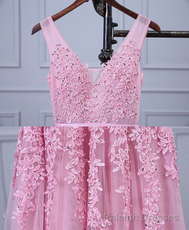 Pink V Neck Lace Tulle Long Prom Dress, Lace Prom Dresses
