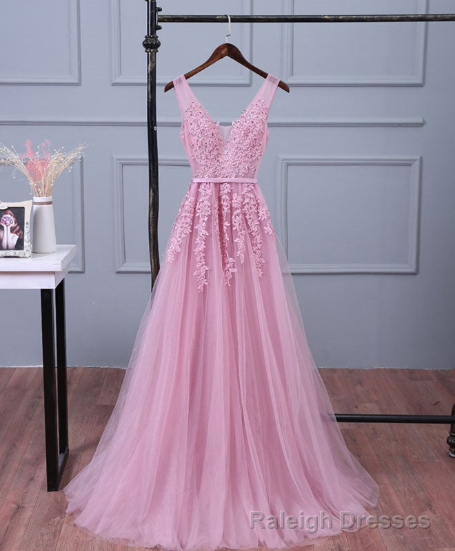 Pink V Neck Lace Tulle Long Prom Dress, Lace Prom Dresses