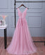 Pink V Neck Lace Tulle Long Prom Dress, Lace Prom Dresses