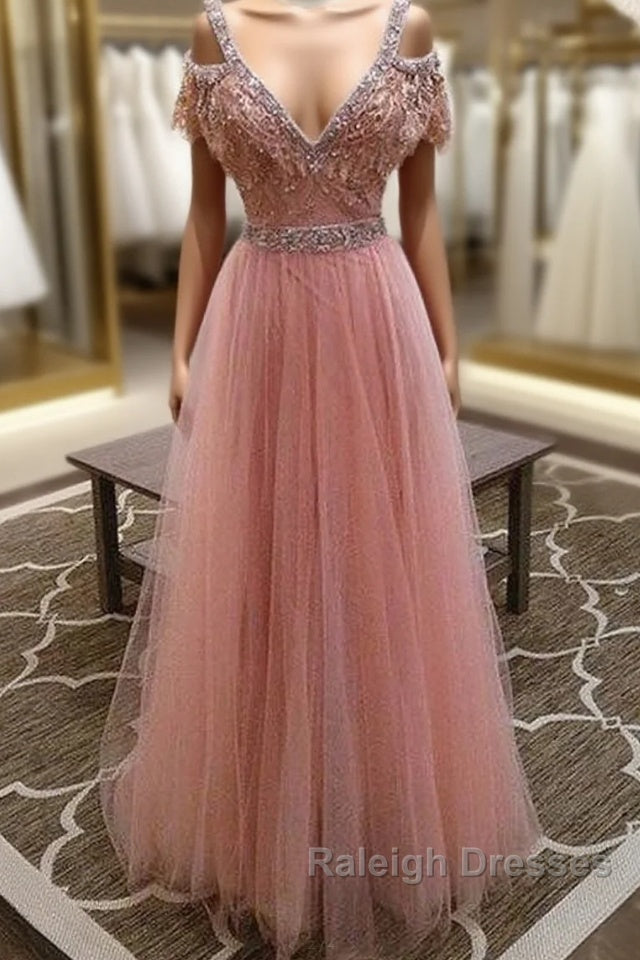 Pink V Neck Lace Tulle Long Prom Dresses Pink Prom Dresses Main image