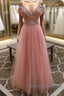 Pink V Neck Lace Tulle Long Prom Dresses Pink Prom Dresses
