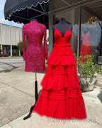 Pink V Neck Layers Tulle Long Ball Gown Light Blue A Line Spaghetti Strap Prom Dress