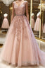 Pink V Neck Long Lace Prom Dresses, Pink V Neck Long Lace Formal Evening Dresses