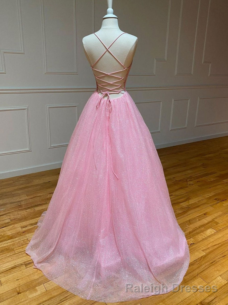 Pink V Neck Long Prom Dress, Pink A Line Sequin Tulle Prom Dress