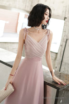 Pink V-Neck Long Prom Dress, Simple Spaghetti Straps Evening Dress