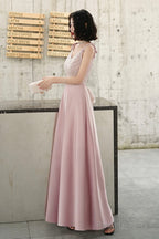 Pink V-Neck Long Prom Dress, Simple Spaghetti Straps Evening Dress